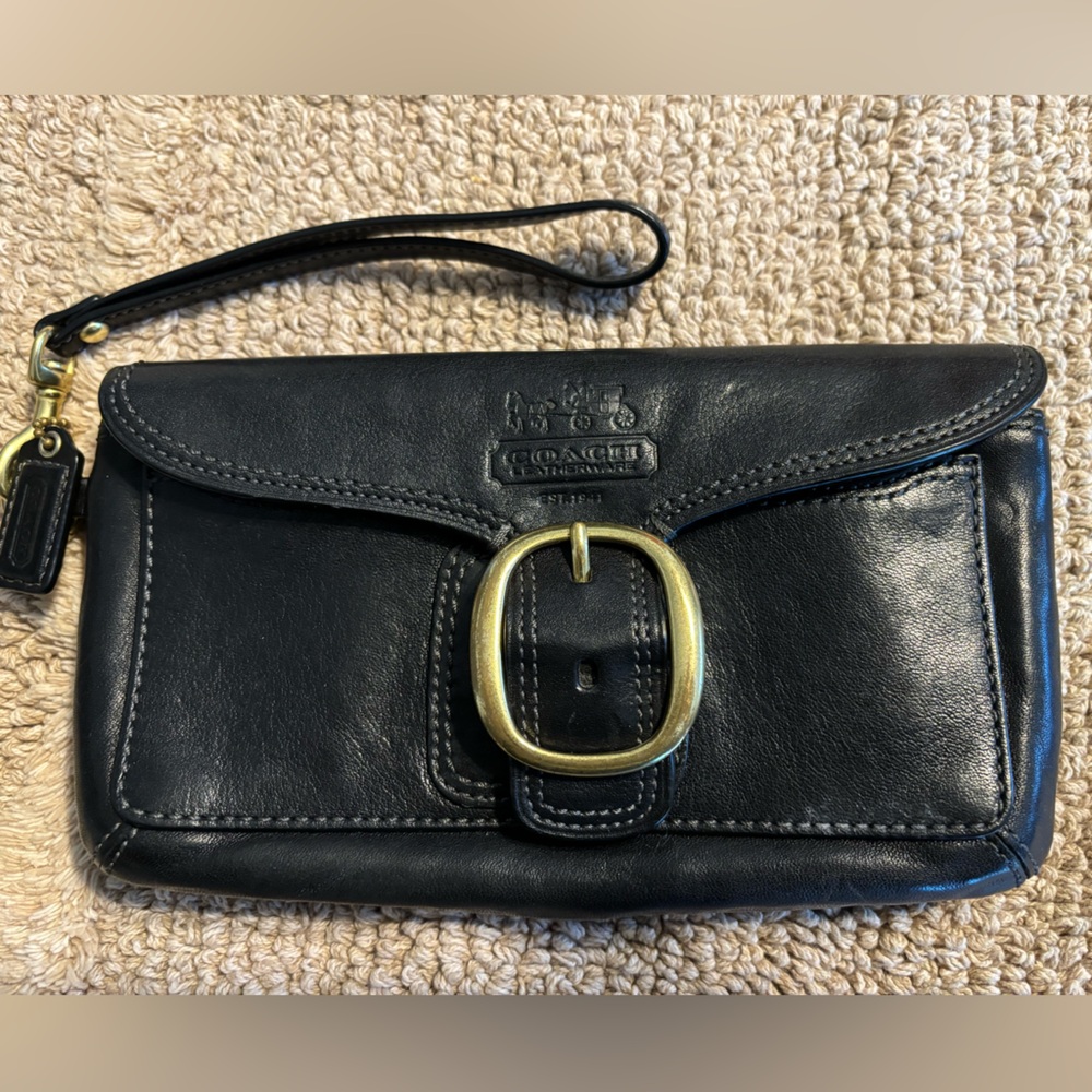 Coach Leather Wristlet with Classic Buckle Detail - Black